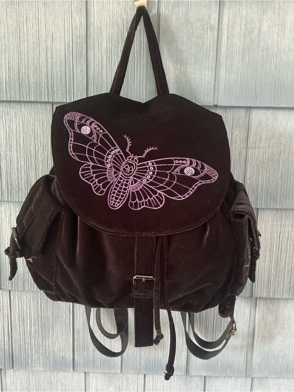 Disturbia Black Velvet Backpack with Lilac Moth / Butterfly Embroidery - Picture 2 of 15